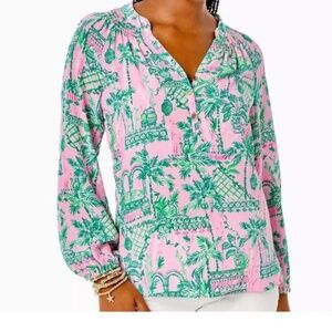 LILLY PULITZER  ELSA SILK PRINTED BLOUSE SIZE Large